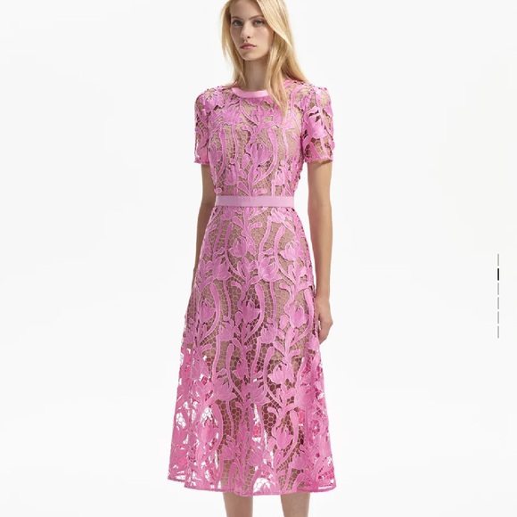 NWT SELF PORTRAIT PINK LACE MIDI DRESS SIZE 8 - Picture 2 of 11